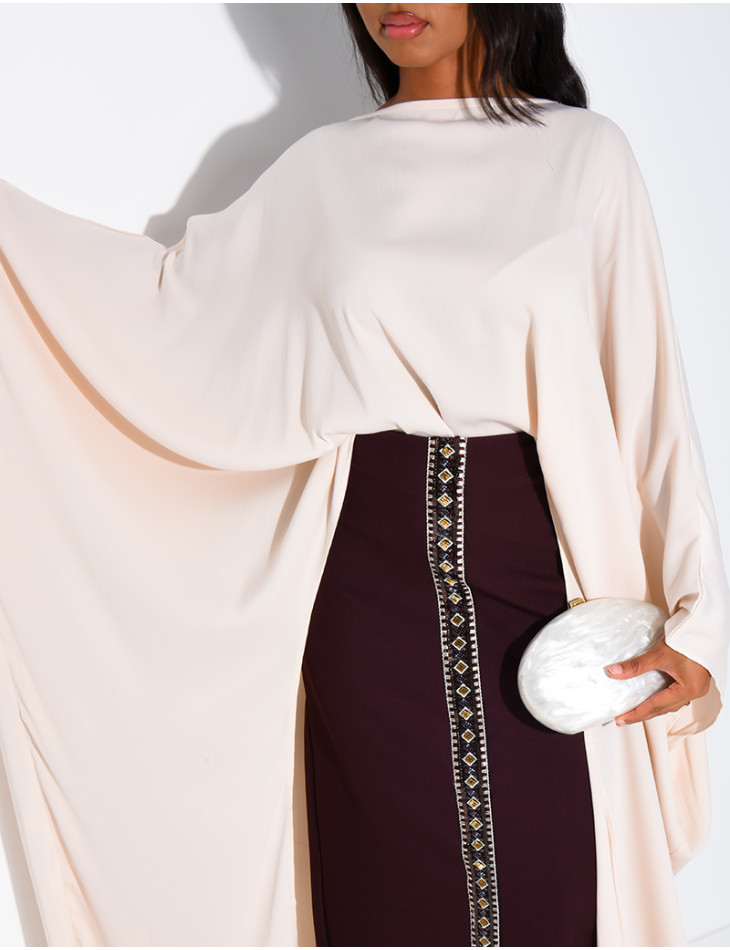 Ensemble jupe longue à sequins & perles et tunique asymétrique en satin