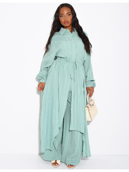 Textured long shirt and flowing trousers co-ord