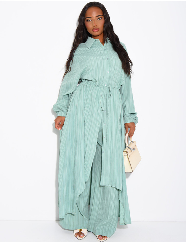 Textured long shirt and flowing trousers co-ord