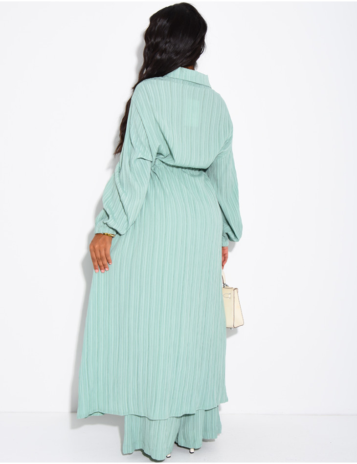 Textured long shirt and flowing trousers co-ord