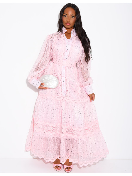 Robe longue en voile à pois et broderies avec doublure assortie