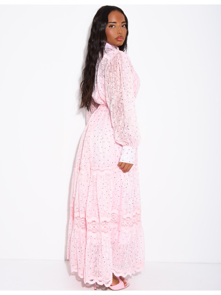 Robe longue en voile à pois et broderies avec doublure assortie