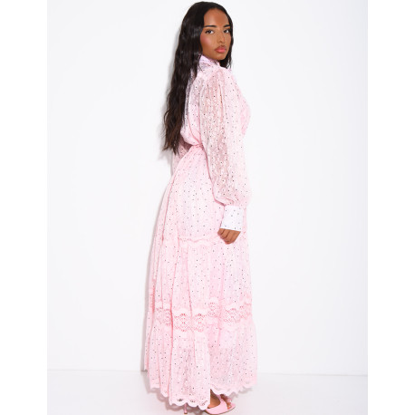 Robe longue en voile à pois et broderies avec doublure assortie