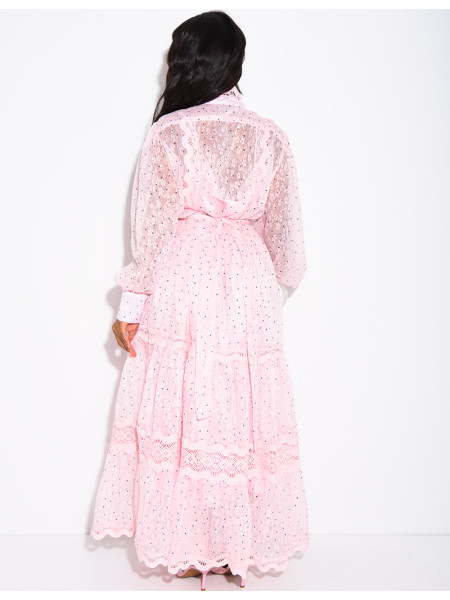 Robe longue en voile à pois et broderies avec doublure assortie