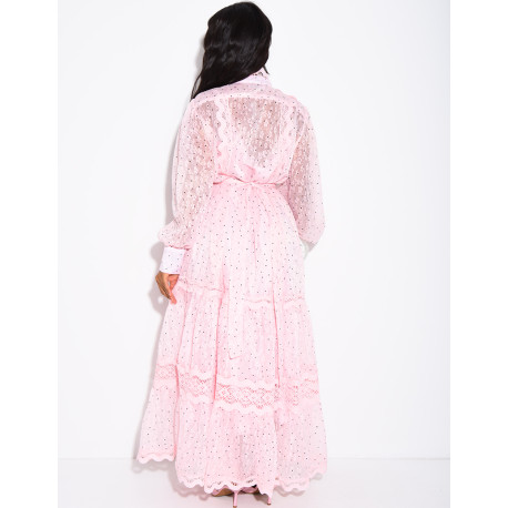 Robe longue en voile à pois et broderies avec doublure assortie