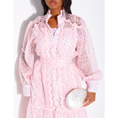 Robe longue en voile à pois et broderies avec doublure assortie