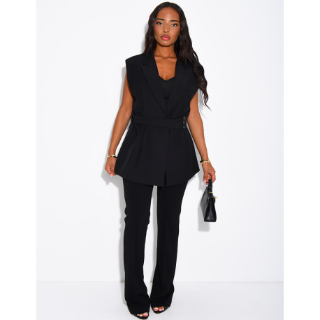 Blazer sans manche à ceinture boutonnée à la taille