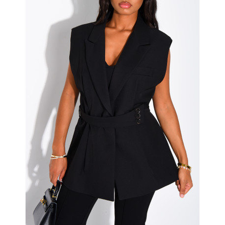 Blazer sans manche à ceinture boutonnée à la taille