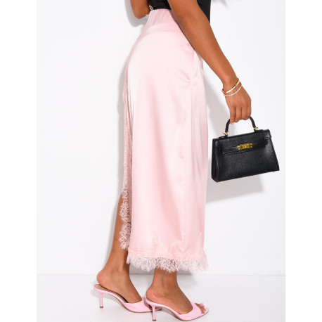 Midi skirt in satin with lace trim