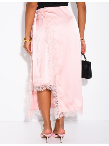 Midi skirt in satin with lace trim