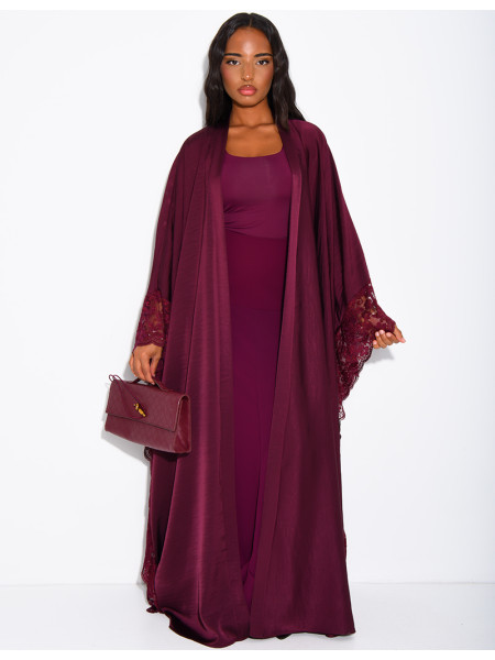 Flowing satin kimono with lace trim