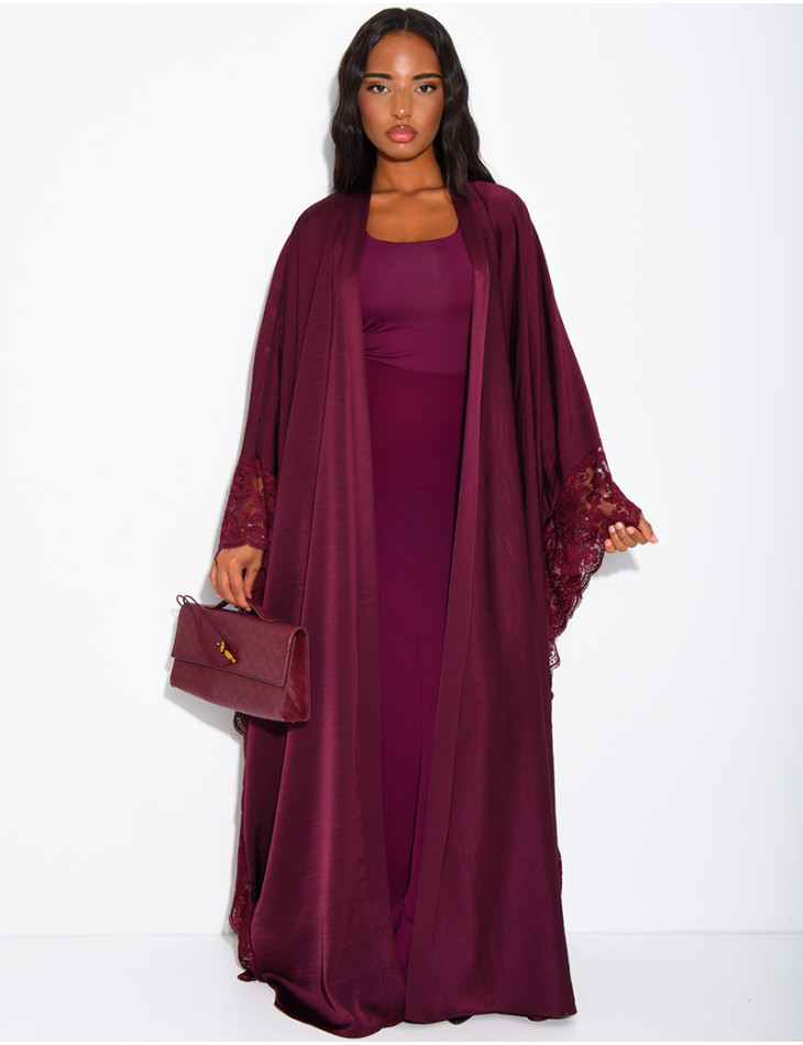 Flowing satin kimono with lace trim