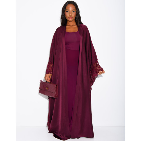 Flowing satin kimono with lace trim
