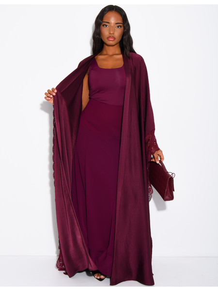 Flowing satin kimono with lace trim