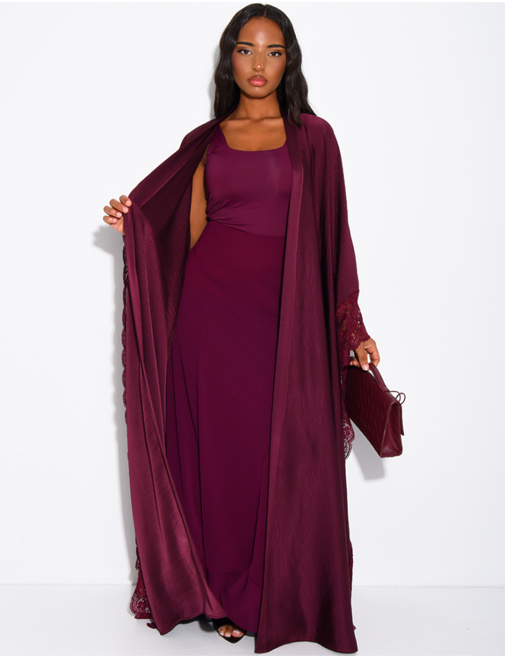 Flowing satin kimono with lace trim