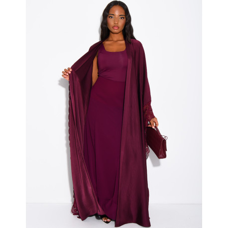 Flowing satin kimono with lace trim