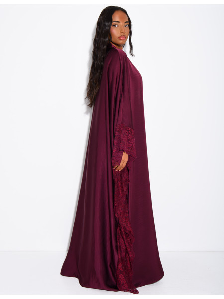 Flowing satin kimono with lace trim