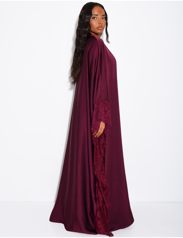 Flowing satin kimono with lace trim