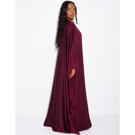 Flowing satin kimono with lace trim