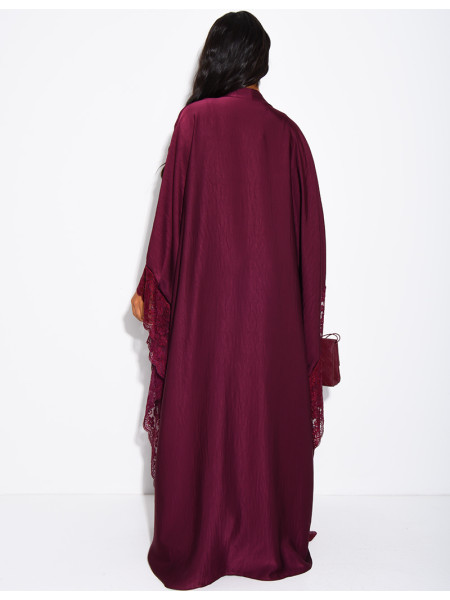 Flowing satin kimono with lace trim