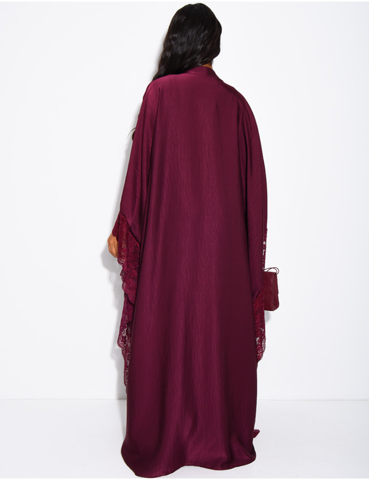 Flowing satin kimono with lace trim
