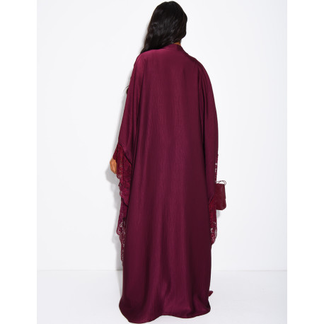 Flowing satin kimono with lace trim