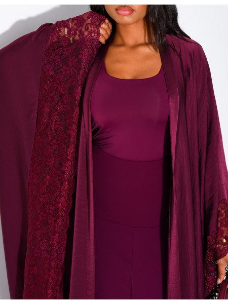 Flowing satin kimono with lace trim