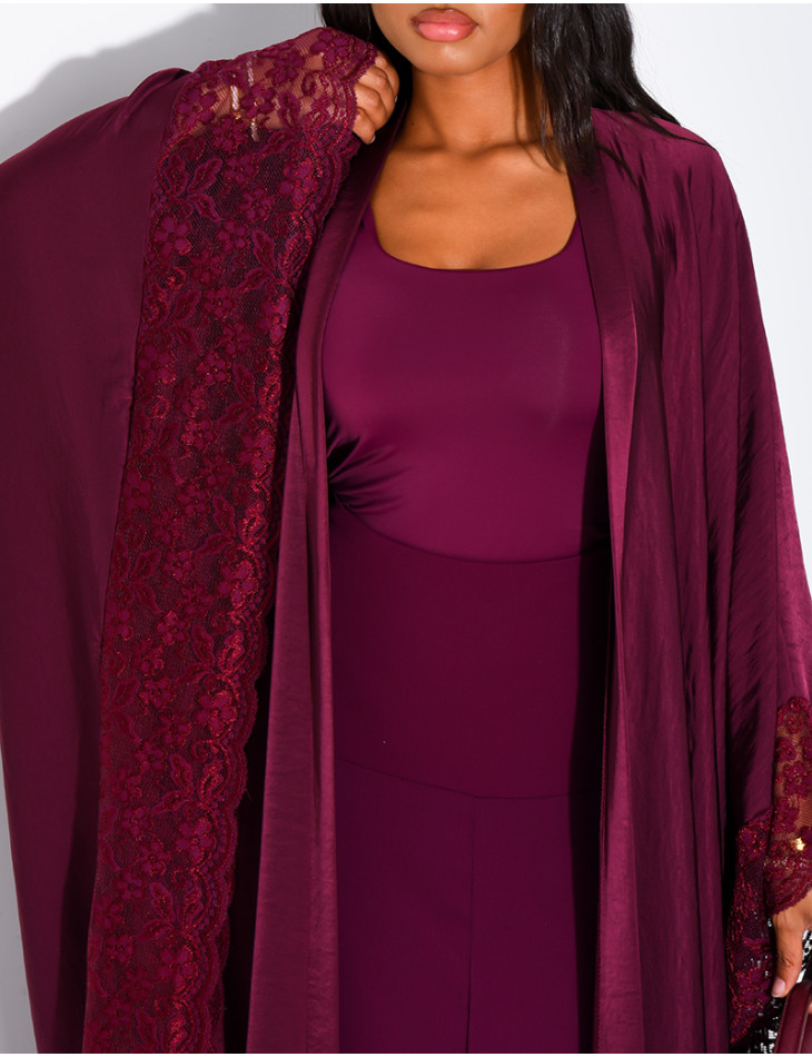 Flowing satin kimono with lace trim