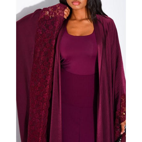 Flowing satin kimono with lace trim