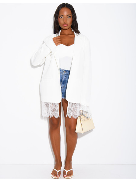 Oversized blazer with delicate lace trim