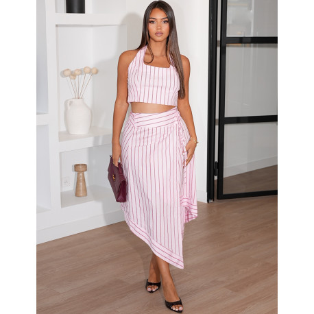 Striped Wrap Skirt and Backless Top Set