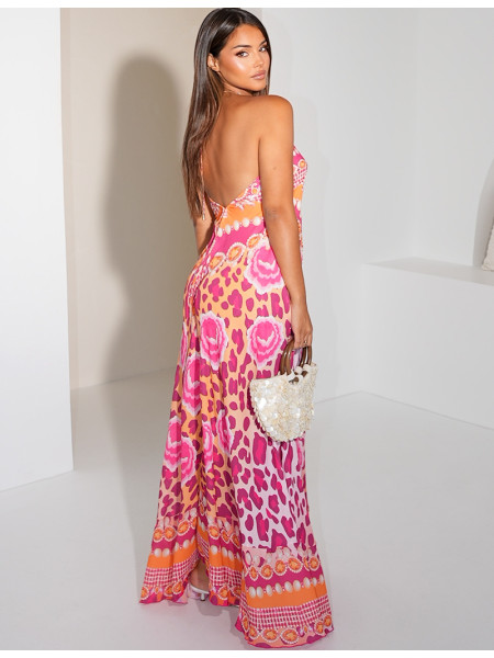 Robe longue dos nu imprimée ornée de strass