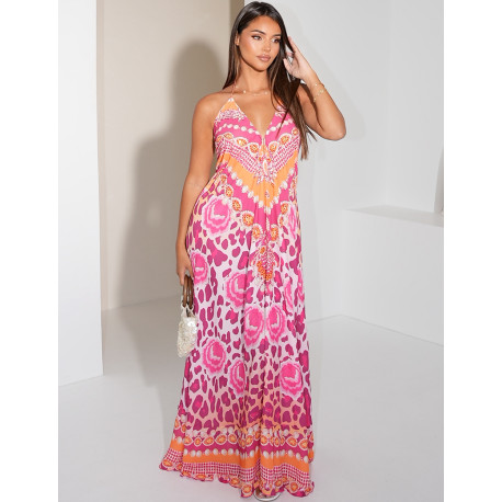 Robe longue dos nu imprimée ornée de strass