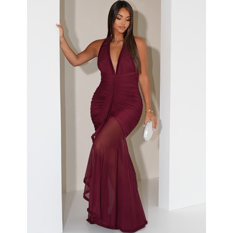 Long, gathered, backless dress with ruffles