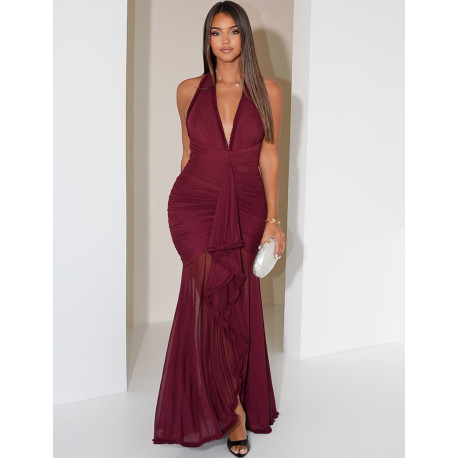 Long, gathered, backless dress with ruffles