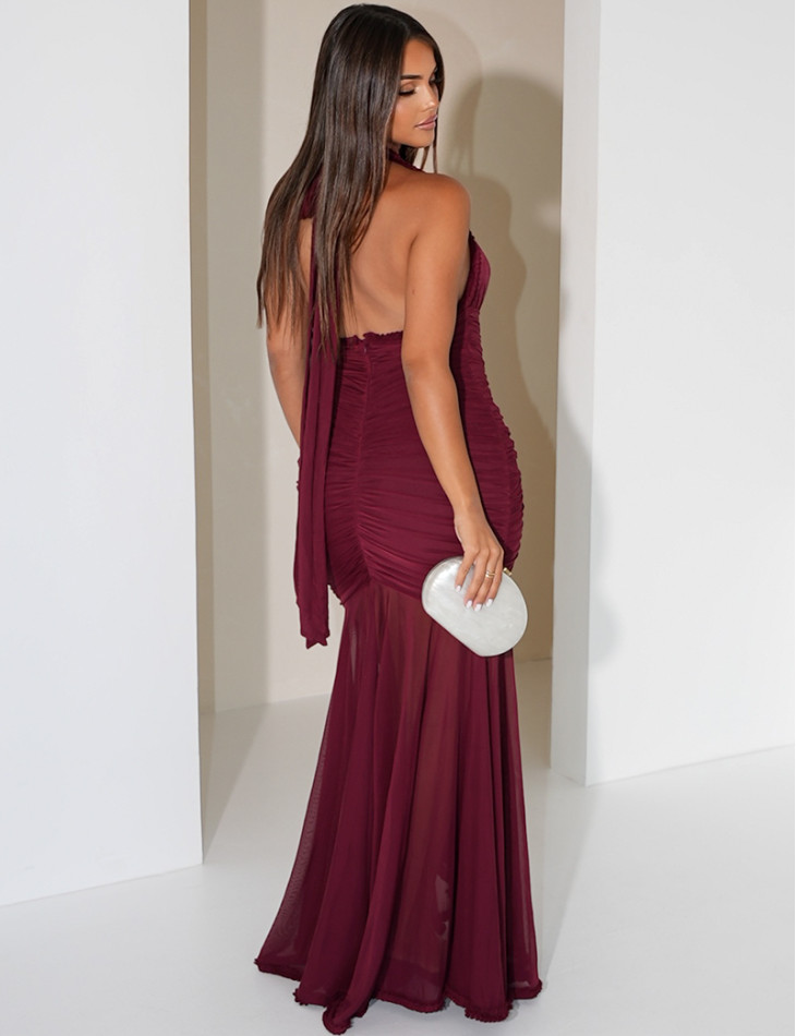 Long, gathered, backless dress with ruffles