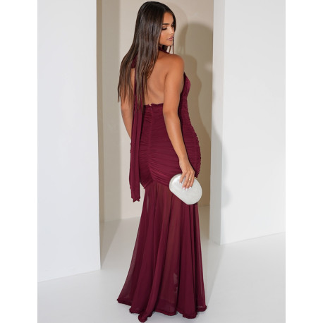 Long, gathered, backless dress with ruffles