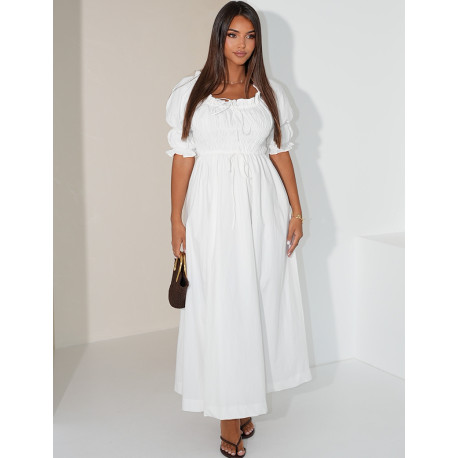 Long dress with short sleeves and a gathered bodice