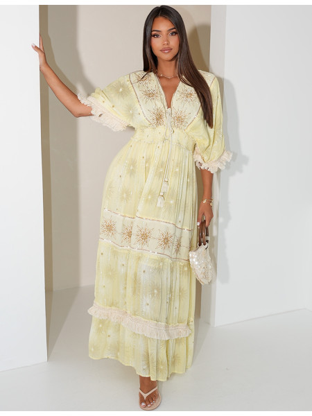 Bohemian long dress with embroidery and pearls