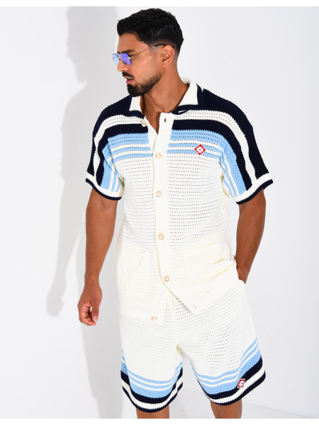 Ensemble ajouré short et chemise à bouton perle et trèfle
