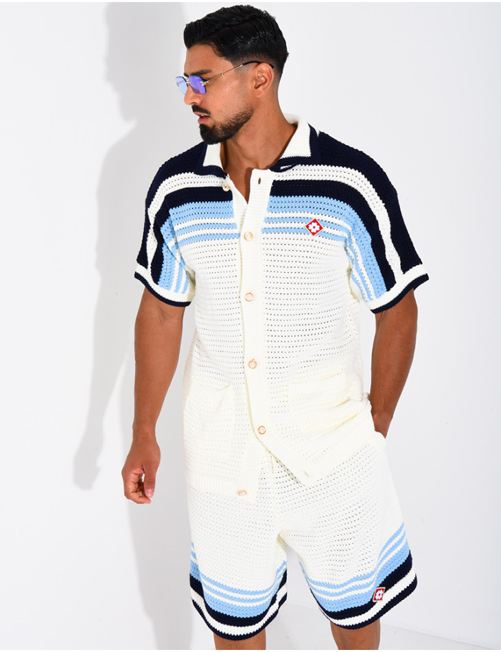 Ensemble ajouré short et chemise à bouton perle et trèfle