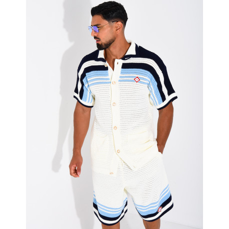 Ensemble ajouré short et chemise à bouton perle et trèfle