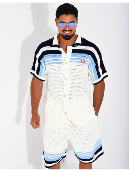 Ensemble ajouré short et chemise à bouton perle et trèfle