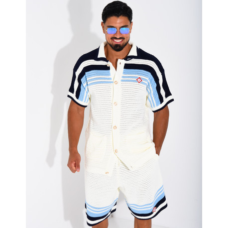 Ensemble ajouré short et chemise à bouton perle et trèfle
