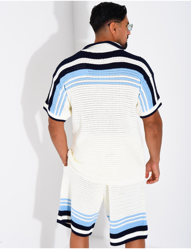 Ensemble ajouré short et chemise à bouton perle et trèfle