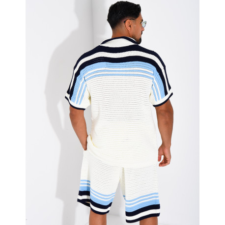 Ensemble ajouré short et chemise à bouton perle et trèfle