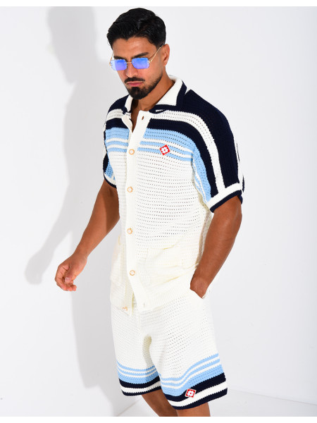 Ensemble ajouré short et chemise à bouton perle et trèfle