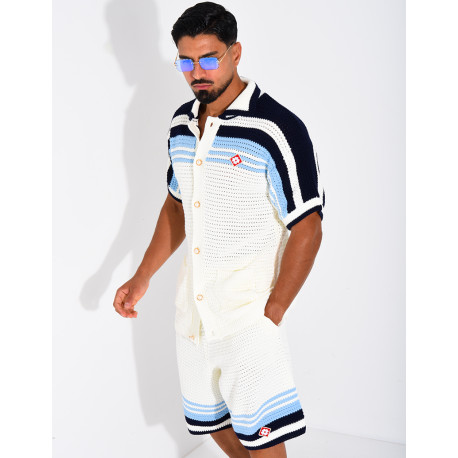 Ensemble ajouré short et chemise à bouton perle et trèfle