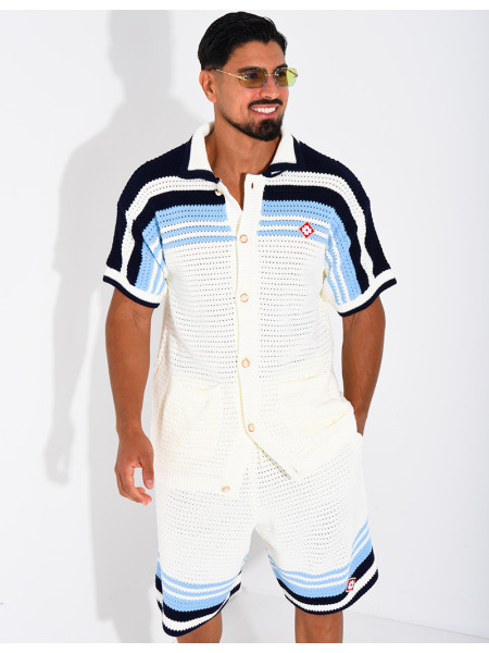 Ensemble ajouré short et chemise à bouton perle et trèfle