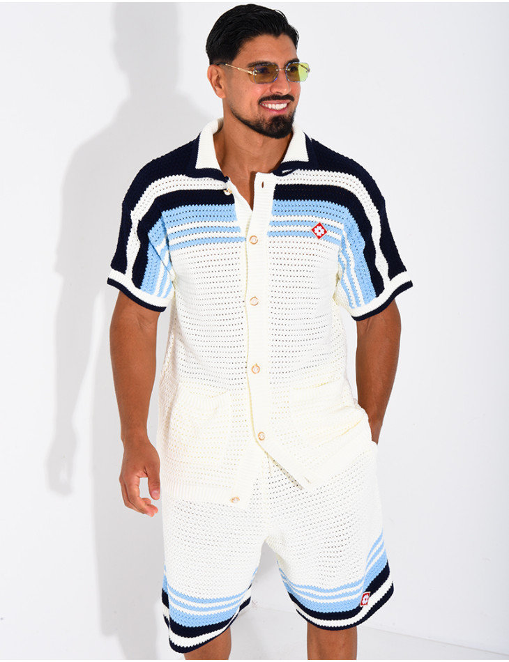 Ensemble ajouré short et chemise à bouton perle et trèfle